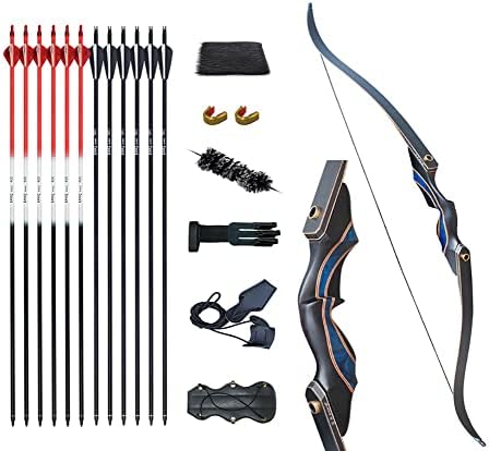 D&Q 58″ Black Hunter Recurve Bows Set for Adults Archery 30-50 lbs Wooden Takedown Hunting Longbow Kit Right Hand Outdoor Hunting Shooting