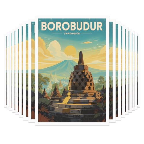 Vintage Travel Postcards from Around the World, Asia Travel Postcards 20 Pack Same Design 4x6 Inch, Retro Scenic Postcard Set Bulk for Mailing, Postcard Exchange, Scrapbooking, Souvenir Gift (Indonesia, Java – Borobudur Temple)