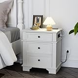 VINGLI Nightstand with Charging Station, 24' W Large Nightstand with 3 Textured Drawers, Bedroom Nightstands w/Curved Legs, Bedside Table, Side Table, Vintage Night Stand, Antique White