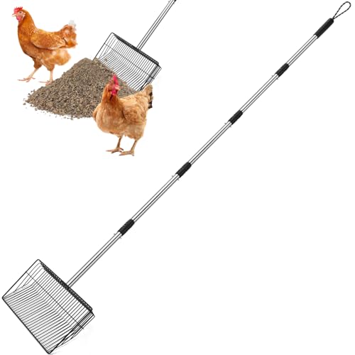 SlowTon Chicken Poop Scooper 10" Wide - Stainless Steel Chicken Coop Scoop Heavy Duty with 40 to 77" Long Handle for No Bending Work, Chicken Coop Litter Cleaning Tool Sand Sifting Shovel