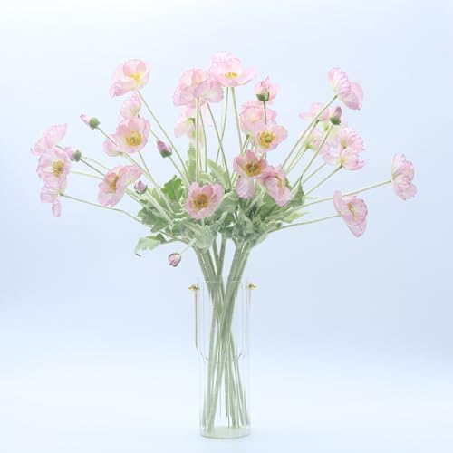 2 Pcs Artificial Fake Flowers Plants Poppies Silk Flower Arrangements Wedding Bouquets Decorations Plastic Floral Table Centerpieces for Home Kitchen Garden Party Decor Approx 23.6" High - Light Pink