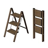 3段 脚立 アルミ製折りたたみステップスツール ブラックウォルナット調デザイン、広いアルミ製滑り止め付き踏み板、最大150kg耐荷重、軽量・省スペース・収納便利、屋内外対応、キッチン・バスルーム・オフィス用