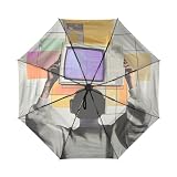 Jelcorar Man Holds Television Beige print Windproof Automatic Folding Umbrella 21 Inch Umbrella with UPF 50+ Black Coating, Compact Portable Umbrella for Travel Sun Protection Rain