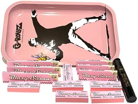 Blazy Susan Mix Bundle -14 Items- Blazy Susan Pink Rolling Paper (3 packs of king size, 3 packs of 1 1/4 and 6 tips) With G-ROLLZ TRAY-Banksy's Flower Thrower and DeLaCruzV Tube.