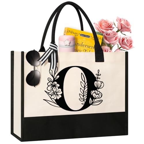 Image of Tecanne Personalized Initial Canvas Tote Bag, Suitable for Birthday, Wedding, Beach, Holiday, Gifts for Women, Mom, Teachers, Nurses, Best Friends, Bridesmaids (O)
