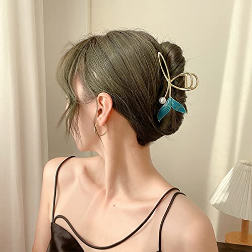 Pinzas de cabello Blue Fish Tail con perla, clip de mano de sirena grande dorado de metal, sujeción fuerte y antideslizante, accesorios grandes para mujer y niñas miniatura 5
