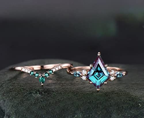 8X11Mm Kite Cut Alexandrite Ring Solid Rose Gold Unique Alexandrite Engagement Ring Set Emerald Diamond Promise Bridal Ring Set Women (White Gold Plated Silver, 6) #TOP2