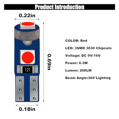 Image of GLSOWEE T5 LED Bulbs, 74 73 37 2721 LED Bulb 12 Volt Replacement, Red | 3030 SMD Bright Canbus Error-Free, Fit for Auto Car Gauge Cluster Dashboard Light Bulb Instrument Panel Indicator Lights Lamp
