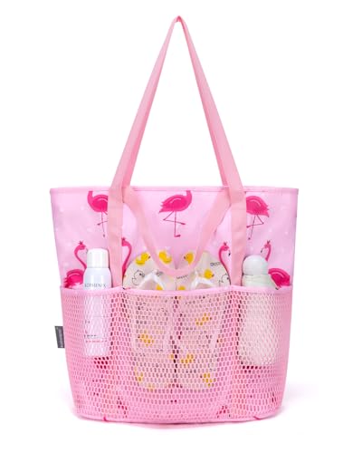 Image of KABAQOO Beach Bag with Zip and Pockets Small Beach Tote Bags for Women with Compartments and Key Chain Foldable Shopping Bag Pool Bag, Pink Flamingo