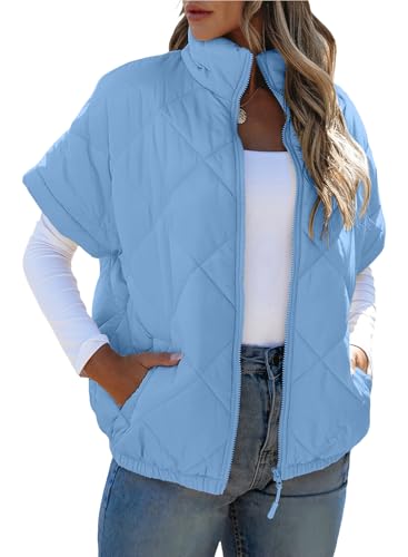 SHEWIN Puffer Vest Women Stand Collar Cap Sleeve Quilted Jackets Lightweight Fall Jackets for Women 2025 Zip Up Womens Vests Outerwear Fall Clothes 2025 Sky Blue M