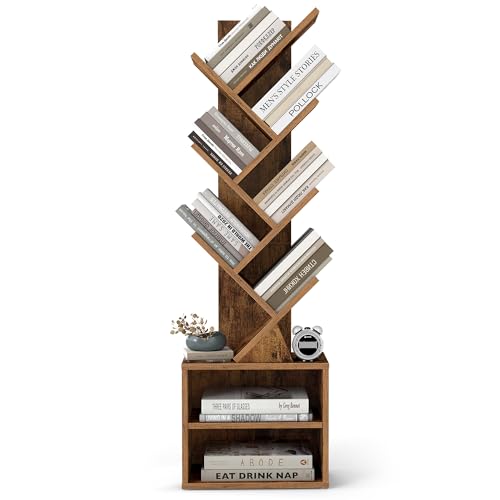 VASAGLE Custos Collection - Tree Bookshelf, Modern Bookcase, Floor Standing Book Shelf, for Bedroom, Living Room, Home Office, 2 Open Compartments, 8 x 15 x 48.5 Inches, Rustic Brown ULBC607K01