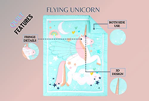 Baby Bees 4 Pieces Flying Unicorn Crib Bedding Sets For Boys And Girls | Baby Bedding Set Of Crib Sheet, Quilt, Dust Ruffle For Standard Size Crib #TOP3
