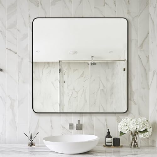 Image of Delma Bathroom Vanity Mirror, Black Framed Mirror for Over Sink, 30x30 | HD glass, distortion-free for makeup and grooming, Sturdy frame, all mounting hardware, hangs horizontal or vertical