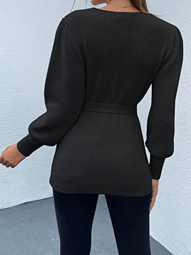 Kirundo 2023 Women's Fall Winter Wrap V Neck Sweater Balloon Sleeves Ribbed Knitted Pullover Tie Front Tunic Top Jumper(X-Large, Black) #TOP3