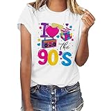 Maglietta a maniche corte con stampa floreale 90, con scollo rotondo, stile retrò, casual, in seta, colore nero, bianco, L