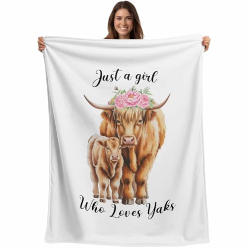Lovely Highland Cow with Baby Throw Blanket Warm Cozy Blankets,Lightweight Soft Blanket for Couch Sofa Bed Outdoor, Animal and Pink Flowers Throw for Girls Boys All Seasons Camping Travel 40x50in
