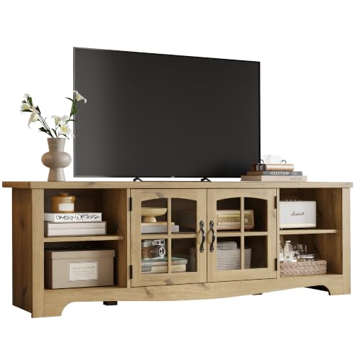 LINSY HOME TV Stand for 75 Inch TV, Modern Farmhouse Entertainment Center with Storage Cabinets and Glass Doors, Tall Media Console Table for Living Room, Bedroom, Large Long Television Stand, Oak