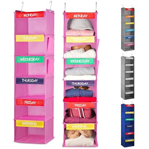Handy Laundry Hanging Clothes Organizer for Kids - 6-Shelf Closet Daily Clothing Organization Labeled Shelves with Days of The Week Monday Through Friday, Weekday and Weekend (Pink)