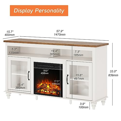 WAMPAT 58'' Highboy TV Stand with Electric Fireplace, Farmhouse Wood Entertainment Center with Glass Door, TV Console Table Storage Cabinet for Living Room