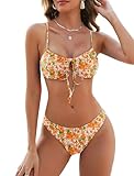 ZAFUL Women High Cut Bikini Sets String Sexy Swimsuit Two Piece Underwire Bathing Suit Brazilian Cheeky Cut Out Cute Swimwear Orange Flower L