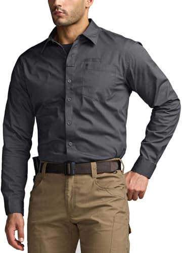 CQR Men's Long Sleeve Tactical Shirts, Ripstop Military Work Shirts, UPF 50+ Breathable Button Down Outdoor Hiking Shirt