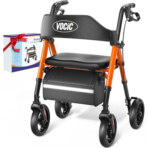 Image of VOCIC Z21 Rollator Walker for Seniors with Seat, 8 inch All Terrain, 350 LBS | Lightweight Foldable & Dual Height Adjustable for Seniors, Ergonomic Arc Seat&6 inch Ultra Backrest Provide Comfort, Orange