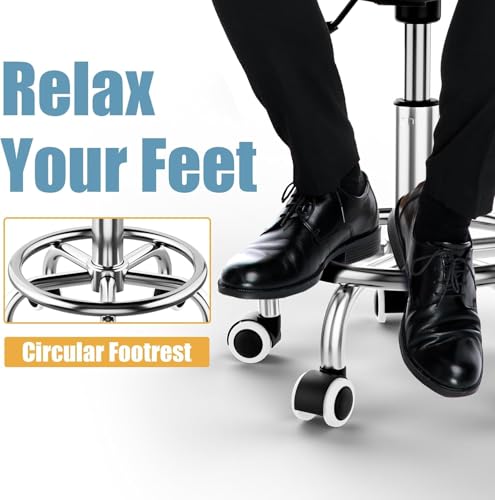 CSS® Round Rolling Stool with Wheels & Footrest – Height Adjustable (16.5"–20"), 360° Swivel, PU Leather Seat – Doctor, Salon, Tattoo, Massage Stool – 110 kg Capacity, Black
