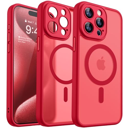 Image of CANSHN Magnetic Compatible with iPhone 15 Pro Case, Upgraded [Full Camera Protection] [Compatible with Magsafe] [Translucent Matte] Shockproof Protective Phone Case Cover 6.1 Inch - Red