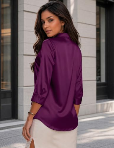 Image of Zeagoo Womens Satin Blouses Button Down Shirts 3 /4 Sleeve Dressy Tops S-2XL