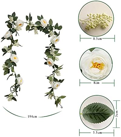 CiCiwind Artificial Rose Vines 2 Pack 3.8m/12.46ft Fake Silk White Flower Garland for Wedding Party Festival Decorate Balcony Bedrooms Windowsills Arches Shelves Artificial Rose Garland Art Decor