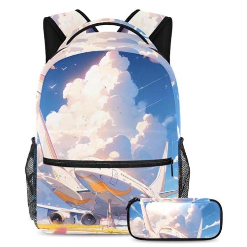 Sac à dos de jour robuste motif avion orange grand volume avec trousse d'école