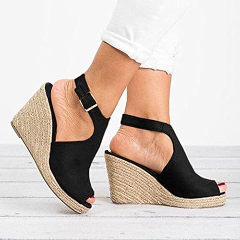 Sandals Women Dressy Summer Wedge, Womens Espadrille Wedge Sandals Open Toe Ankle Strap Buckle Platform Sandals Wedge High Heels Sandals Casual Summer Dress Shoes (a-Black, 10) Cover