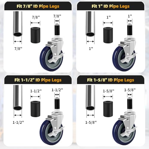 5 inches prep table wheels set of 4 expanding stem casters fit for 7834 134 1-1234 and 1-5834 tube leg for stainless steel table cart furniture legs commercial kitchen appliances