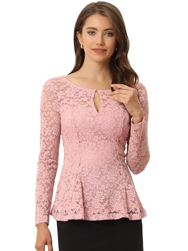 Allegra K Women's Lace Peplum Tops Round Neck Long Sleeve Elegant Floral Lace Blouse Pink L
