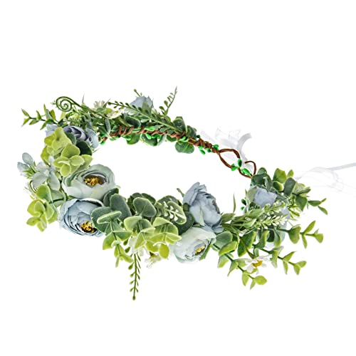Floral Fall Camellia Flower Crown Rose Headpiece Wedding Bridal Flower Girl Halo Maternity Photo Props FL-03 (Blue) - Thumbnail 3