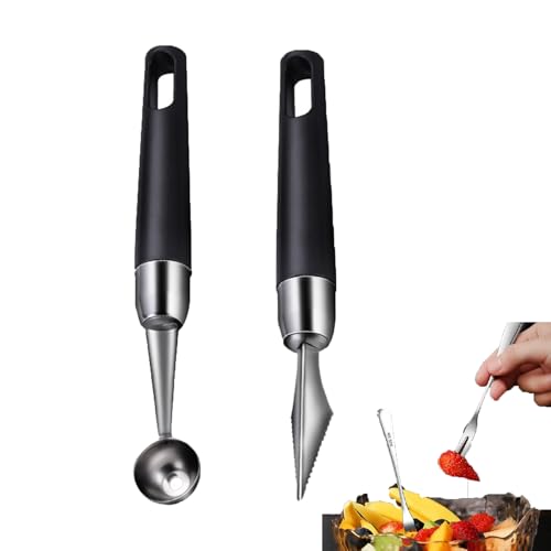 4 Pack Melon Baller Scoon Set,Stainless Steel Fruit Carving Cuter?DIY Fruit Baller Spoon Shapes Platter?Watermelon Cantaloupe Ice Cream Tool?Bring Two Fruit Forks and Mooncake Forks