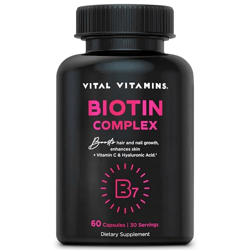 Vital Vitamins Biotin Complex Pills – with Hyaluronic Acid, MSM, Collagen, & Vitamin C – Supplement for Hair, Skin, & Nails – 60 Capsules