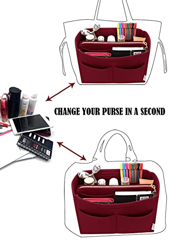 Image of Felt Purse Insert Handbag Organizer Bag in Bag Organizer with zipper Bag Tote Shaper for Speedy Neverfull 8021 Vine Red L2