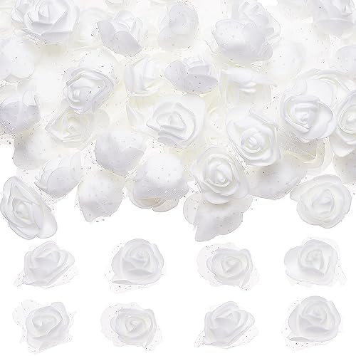 CRASPIRE 100Pcs Foam Rose Heads with Lace Edge White 3D Artificial Flower Head Small for DIY Crafts Accessories Valentine's Day Home Party Wedding Bridal Bouquet Decoration 1.7 x 1.7in