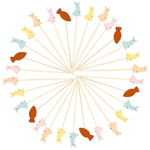100 Pieces Easter Cocktail Picks,Assorted 5 Easter Rabbit Bunny Carrots Cocktail Toothpicks,4.7inch Easter Appetizers Skewers,Bamboo Sticks for Drinks Food Sandwiches Cupcakes for Easter Party