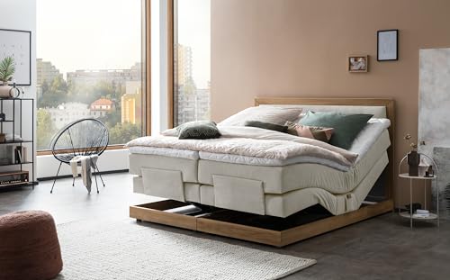 Belanoti MODELA Boxspringbett 180x200 elektrisch verstellbar 7-Zonen Taschenfederkern Matratze inkl Visco Topper Bett 180x200 mit Motor Farbe Beige H2/H3 Polsterbett Motorbett Massivholz Eiche – Bild 4
