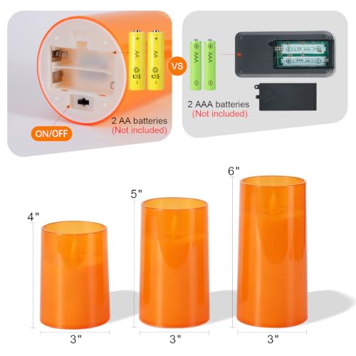 Image of Homemory Orange Flameless Candles Realistic Flickering with Remote for Fall | Halloween Candles Battery Operated with Timer, LED Fake Electric Pillar Candles for Home, Holiday Decor, Set of 3