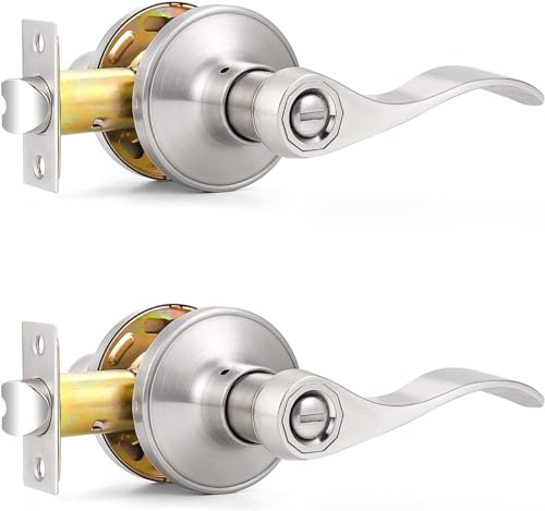 Probrico Privacy Door Levers Satin Nickel, Interior Bathroom Bedroom Door Handles, Nickel Wave Style Keyless Door Handle, 2 Pack