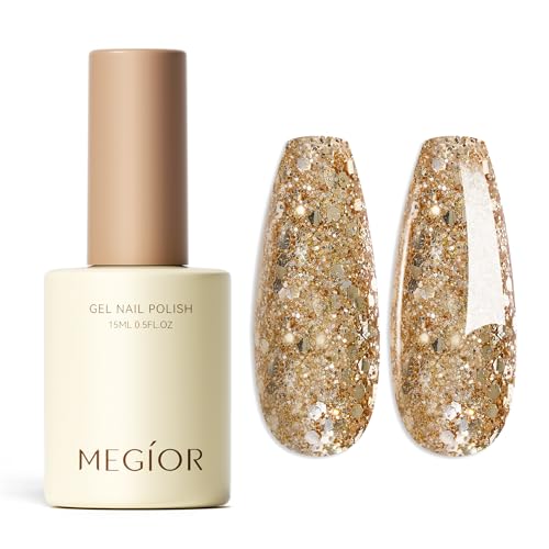 MEGIOR Gold Glitter Gel Nail Polish 15ML Sparkly Shiny UV LED Soak Off Light Cure Long Lasting Easy to Apply Gel Polish Kit for Women Girls Manicure DIY Nail Art Salon Home Gift