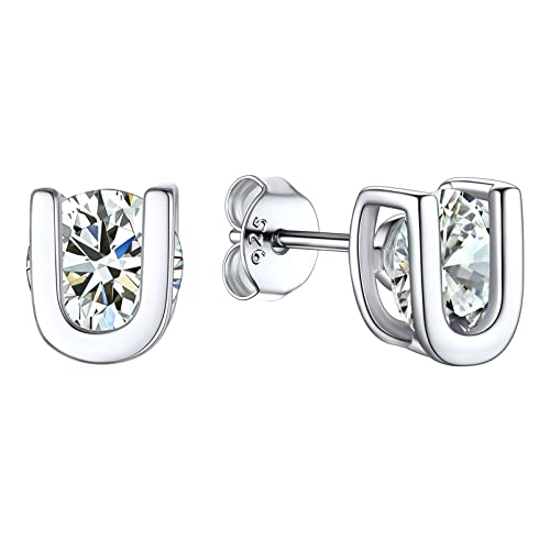 925 Sterling Silver Trendy Initial Earrings for Women, Yellow Gold/Rose Gold Plated/Cubic Zirconia Solid Silver A-Z Dainty Letter Hypoallergenic Ear Studs, Come Gift Box U 05 Cz Initial