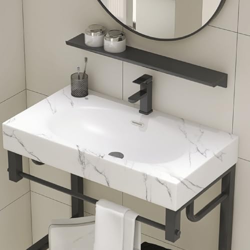 Fregadero de baño montado en la pared, lavabo de cerámica para champú, resistente a los arañazos, con soporte, fácil de limpiar para apartamentos pequeños, hogar, hotel, balcón, tocador (blanco, 50 x