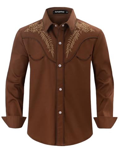 Spring&Gege Boys Western Shirt Embroidered Cowboy Button Down Long Sleeve Pearl Snap Shirts, Rustic Coffee, 7-8 Years