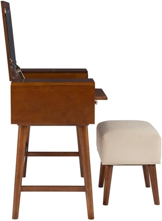 Riverbay Furniture Mid-Century Vanity Set, Walnut Brown Finish, Rubberwood and Fabric, 40" W x 18" D x 47" H, Flip Top Mirror, 2 Drawers, Padded Beige Stool, Makeup Vanity or Desk for Bedroom or