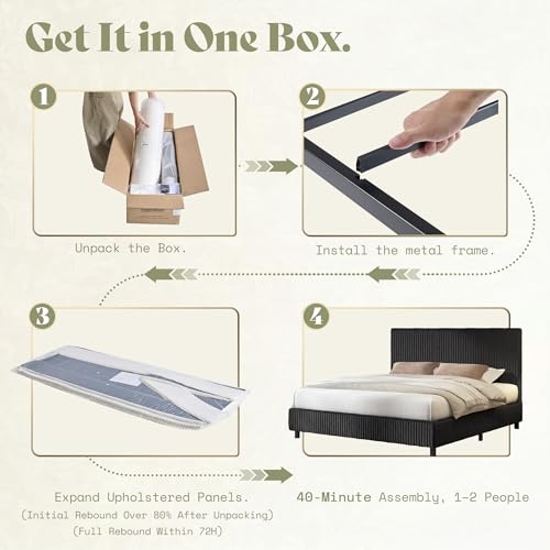 Image of AMERLIFE Full Bed Frame, Upholstered Metal Platform Bed with Vertical Channel Tufted Headboard, Soft Fabric & Strong Metal Slats, Noise-Free /Easy Assembly, Black Full Upholstered Bed and Headboard