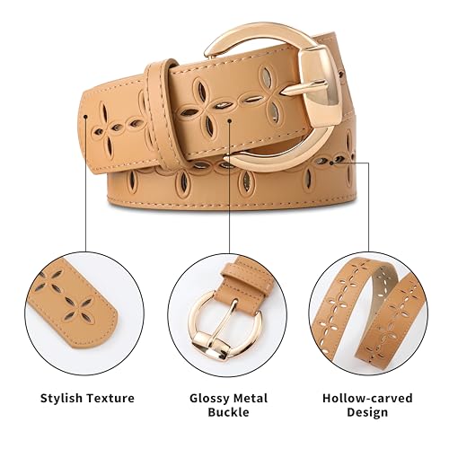 Women's Beige Leather Belt with Gold Buckle Hollow Pattern Women's Belt Stylish Accessory for Dresses, Skirts, and Jeans4